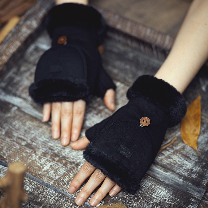 Winter Suede Convertible Thermal Fingerless Mittens Gloves
