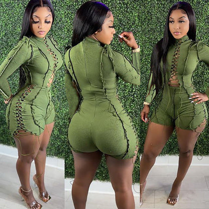 Trendy Solid Color Long Sleeve Jumpsuit With Pleat Design