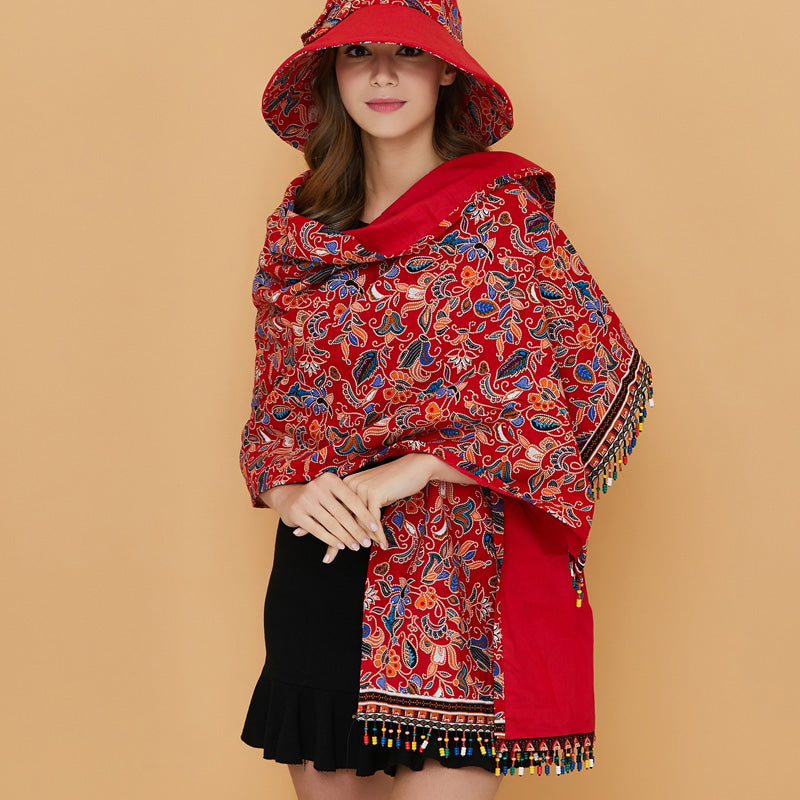 Tibetan Nationality Style Shawl Women'S Spring And Summer Sunscreen Anti Uv Travel Cloak Beaded Tassel