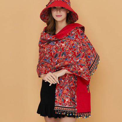 Tibetan Nationality Style Shawl Women'S Spring And Summer Sunscreen Anti Uv Travel Cloak Beaded Tassel