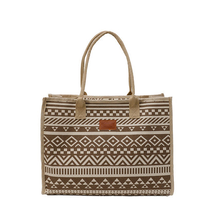 Geometric Canvas Tote Bag Durable Zipper Shoulder Bag