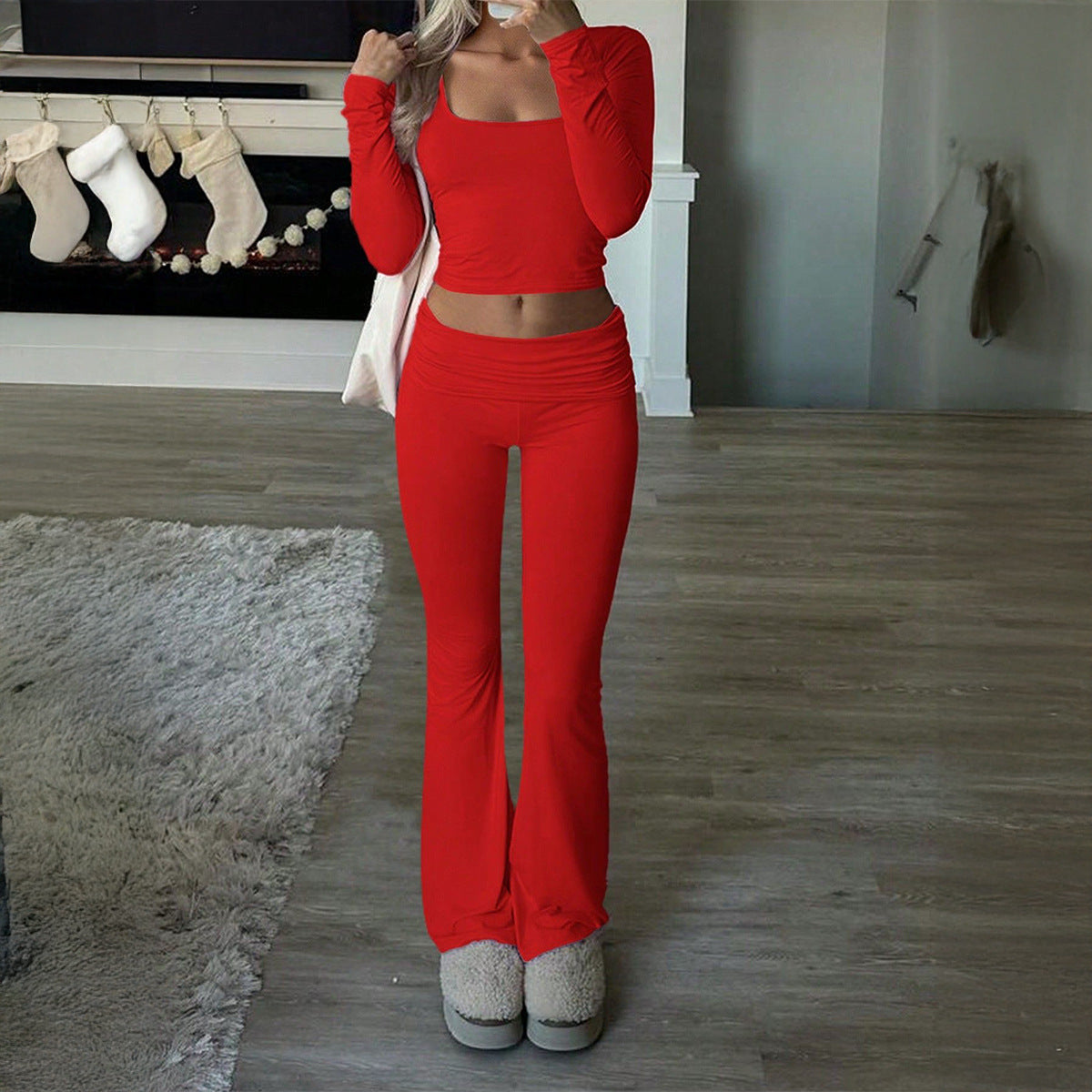 Casual Knit Long Sleeve Top and Pants Set