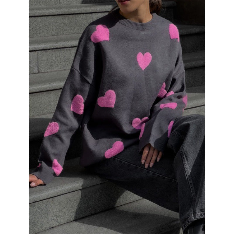 Casual Heart Embroidery Thicken Warm Knit Sweater