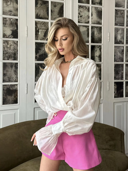 Elegant Lantern Sleeve Viscose Blouse Casual Top