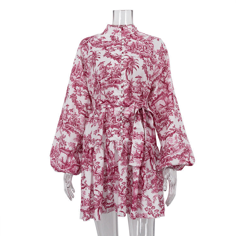 New Ink Landscape Print Short A-Line Dress With Puff Sleeves