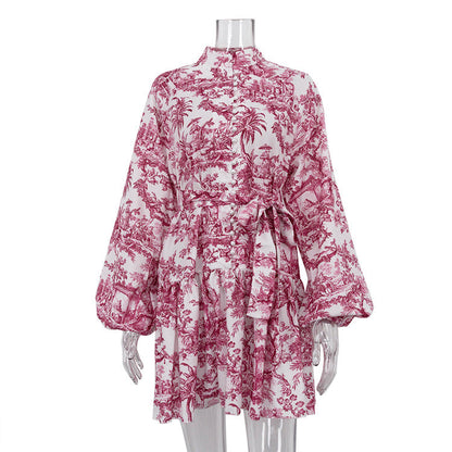 New Ink Landscape Print Short A-Line Dress With Puff Sleeves