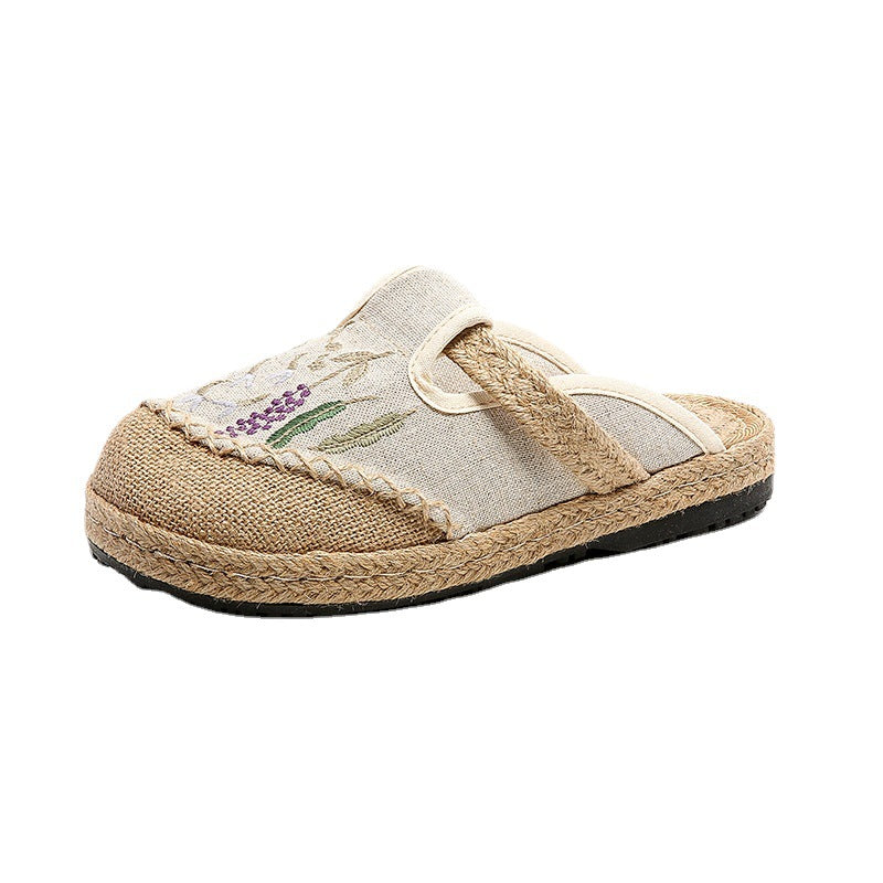 Summer New Ethnic Style Embroidered Slippers Women'S Beef Tendon Bottom Cloth Shoes Women Hand-Woven Linen Straw Shoes