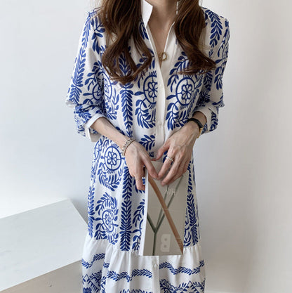 Bohemian Blue And White Porcelain Printed Women'S Shirt Long National Style Dress