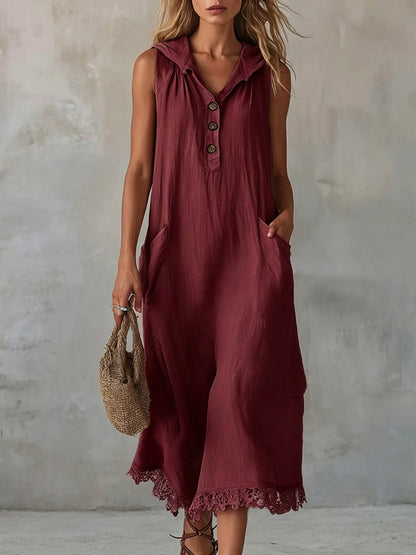 Sleeveless Collared Half Button Lace Hem Linen Midi Dress