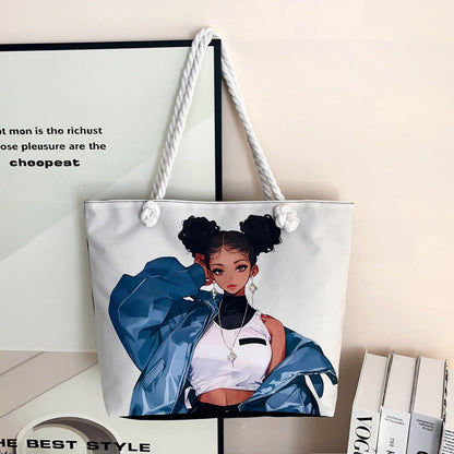 Trendy Cartoon Print Shoulder Tote Bag Durable Oxford Cloth Bag