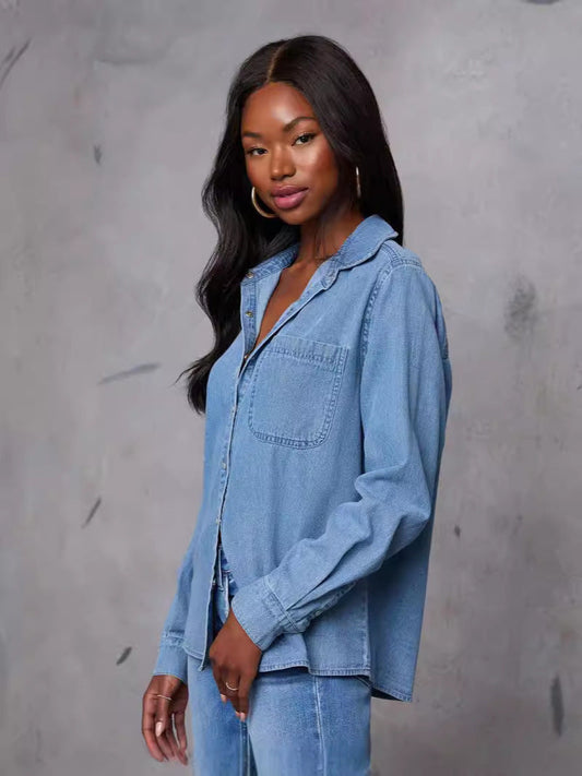 Women’s Denim Shirt Pocket Loose-Fit Long Sleeve Top