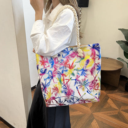 Large Capacity Linen Tote Bag with Dual-Sided Gold Foil Design