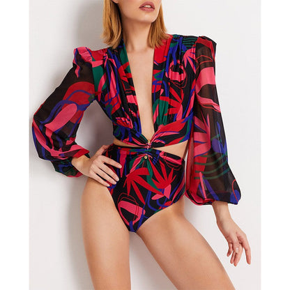 New Open Back Long Sleeved One Piece Swimwear High Waist Lace Up V-Neck Swimwear For Women Bikini
