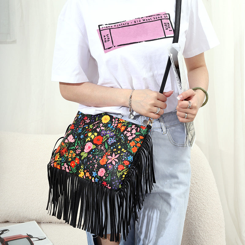 Fashionable And Personalized Printed Tassel Bag, One Shoulder Crossbody Bag, Rose Large Bag, Women'S Bag