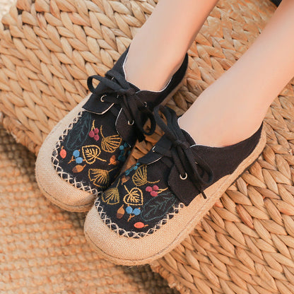 New Autumn Literary Linen Casual Shoes Women'S Ethnic Style Embroidered Lace Up Cotton Linen Cloth Shoes