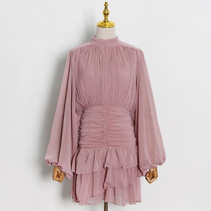 Small Floral Printed Short Skirt Pleated Slim Small Stand Collar High Waist Stitching Dress