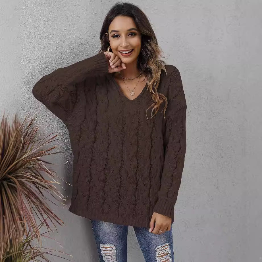 Fashionable Chunky Knit V-Neck Hoodie Sweater For Women