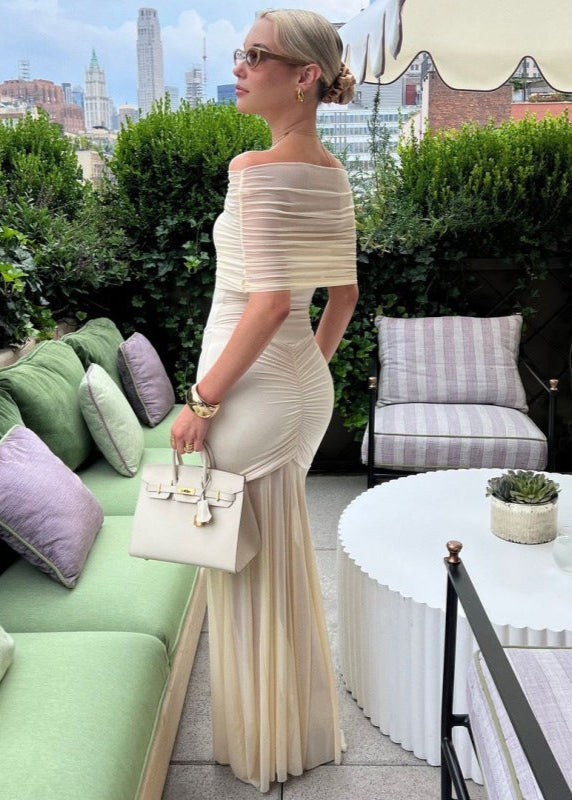 Sheer Mesh Off Shoulder Gown With Ruched Detailing