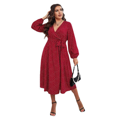 Red Polka Dot Maxi Dress Elegant Plus Size Long Sleeve