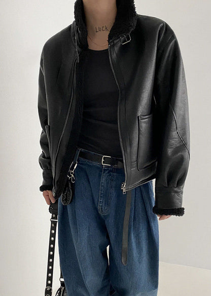 Faux Leather Aviator Jacket With Shearling Collar