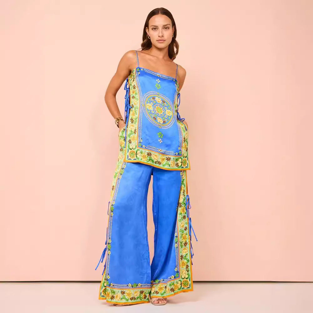 Stylish Vintage Ethnic Print Satin Lounge Set