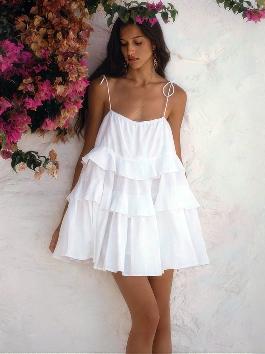 Layered Ruffle Mini Dress Comfortable Casual Cotton