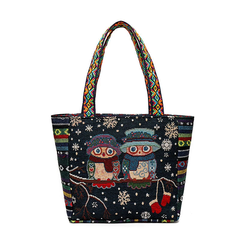 Tote Bag Women'S Bag Going Out Canvas Bag Double-Sided Casual Embroidery Large-Capacity Handbag Ethnic Style Small Square Bag