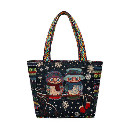 Tote Bag Women'S Bag Going Out Canvas Bag Double-Sided Casual Embroidery Large-Capacity Handbag Ethnic Style Small Square Bag