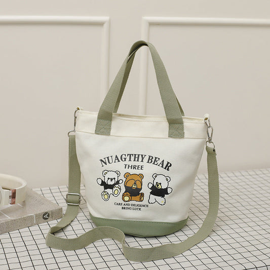 Cute Bear Canvas Tote Bag Portable Lunch Bag for Daily Use