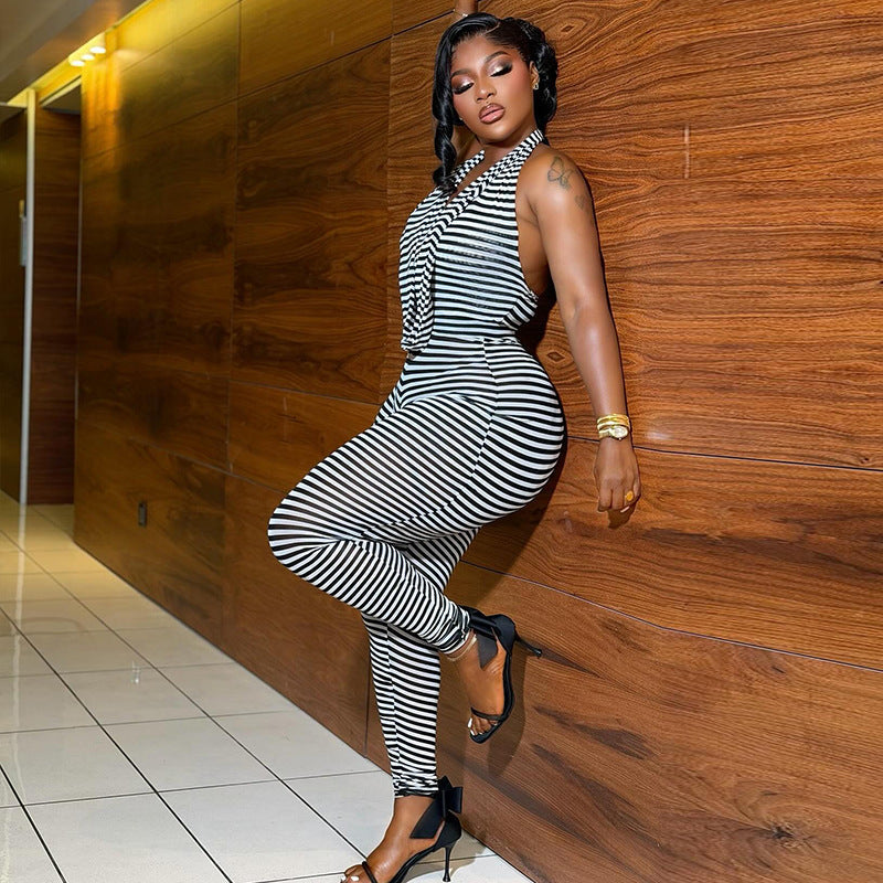 Trendy Striped Print Bodycon Sleeveless Jumpsuit