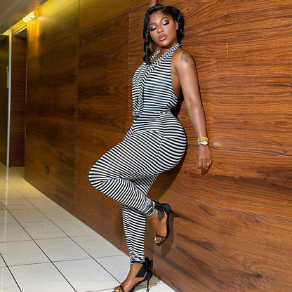 Trendy Striped Print Bodycon Sleeveless Jumpsuit