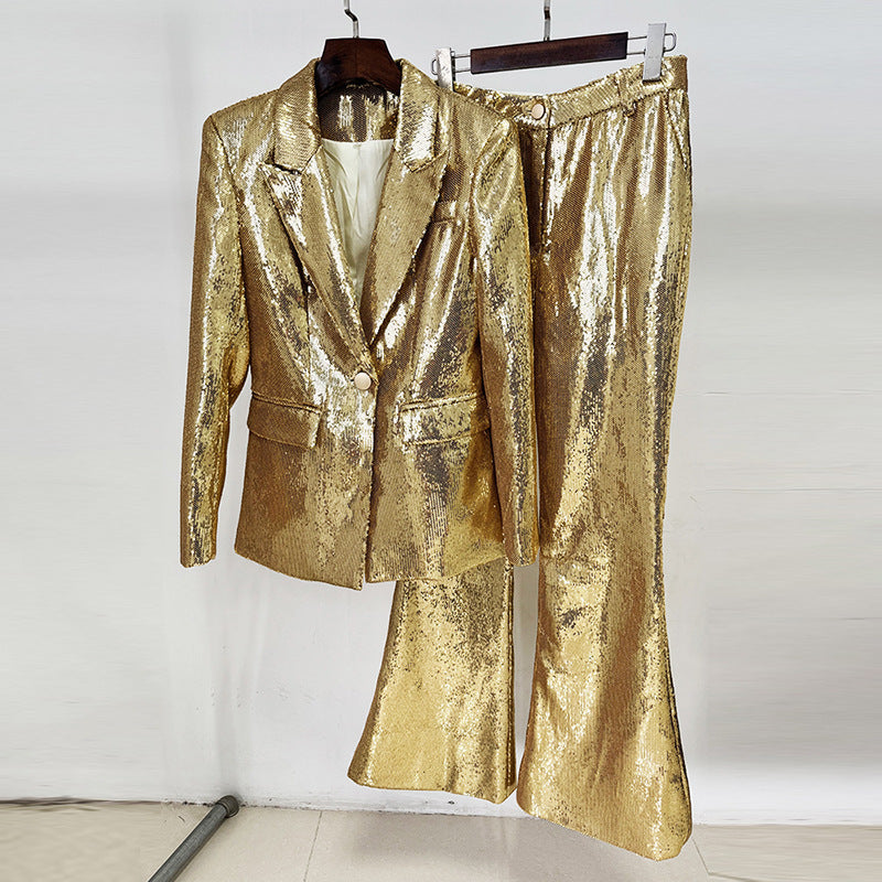 Gold Sequin Blazer And Trouser Set Stylish Two-Piece