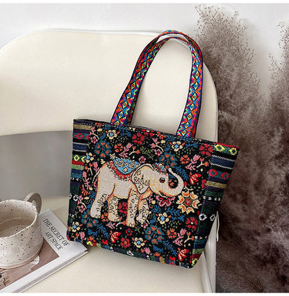 Bohemian Floral Embroidered Tote Bag Stylish Canvas Shoulder Bag