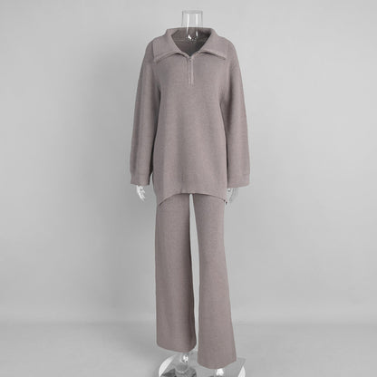 Half-Zip Knitted Sweater Set for Women Casual Chic Wide-Leg Pants