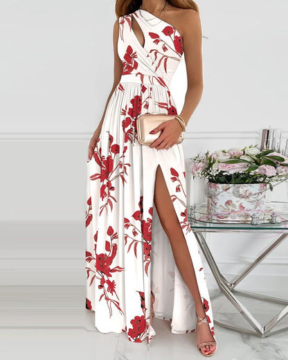 Women'S Diagonal Shoulder Hollowed Out Temperament Printed Stitched  Dress