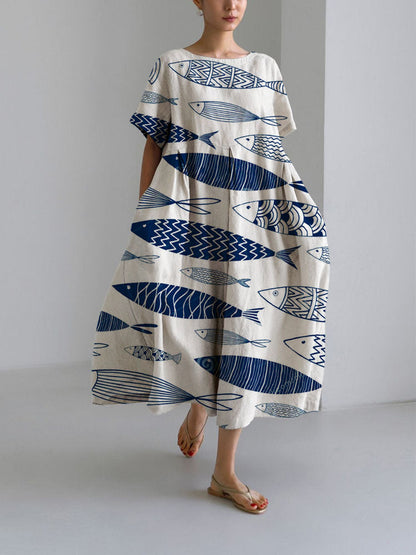 Digital Printing Small Chrysanthemum Women'S Casual Short Sleeve Swing Long Skirt Dress