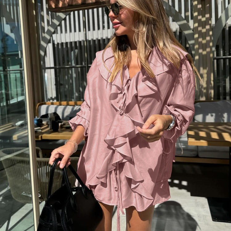 French Ruffle Sleeve Casual Set Soft Tencel Blouse and Shorts