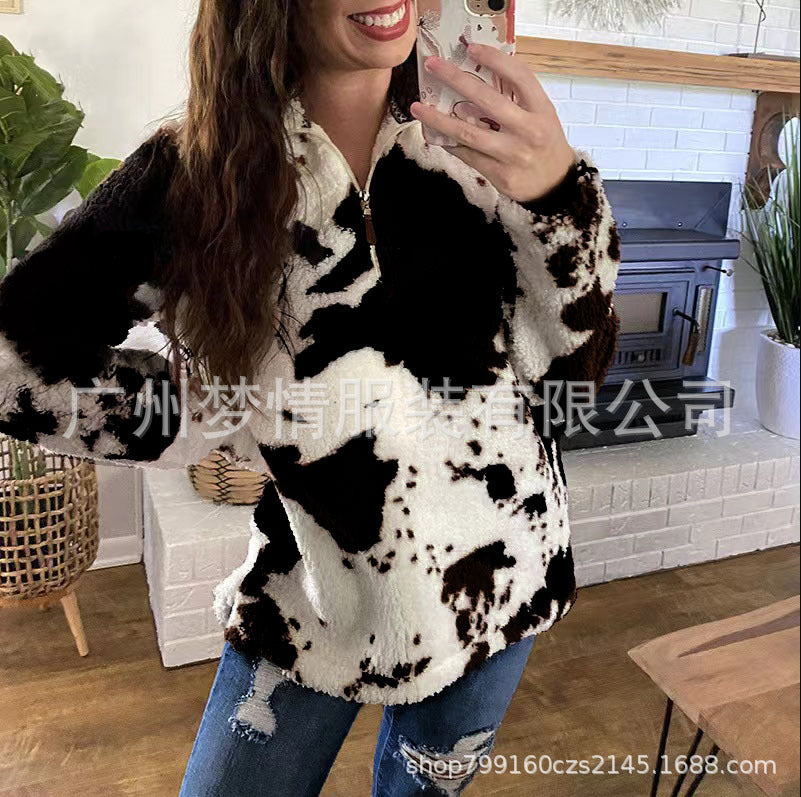 New Autumn And Winter Leisure Fashion Plush Coat Female Cow Printed Zipper Sweater