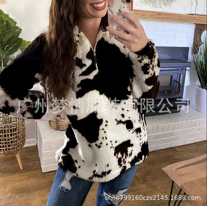New Autumn And Winter Leisure Fashion Plush Coat Female Cow Printed Zipper Sweater