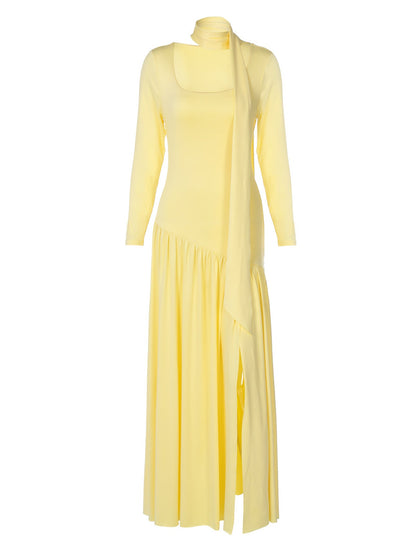 Elegant Color-Block U-Neck Long Sleeve Dress