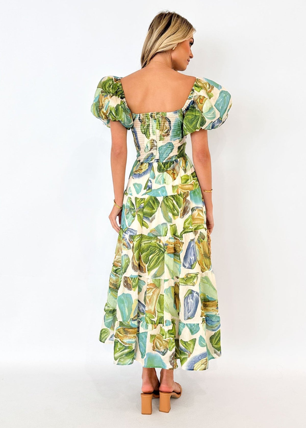 Floral Backless Puffy Sleeves Long Dress