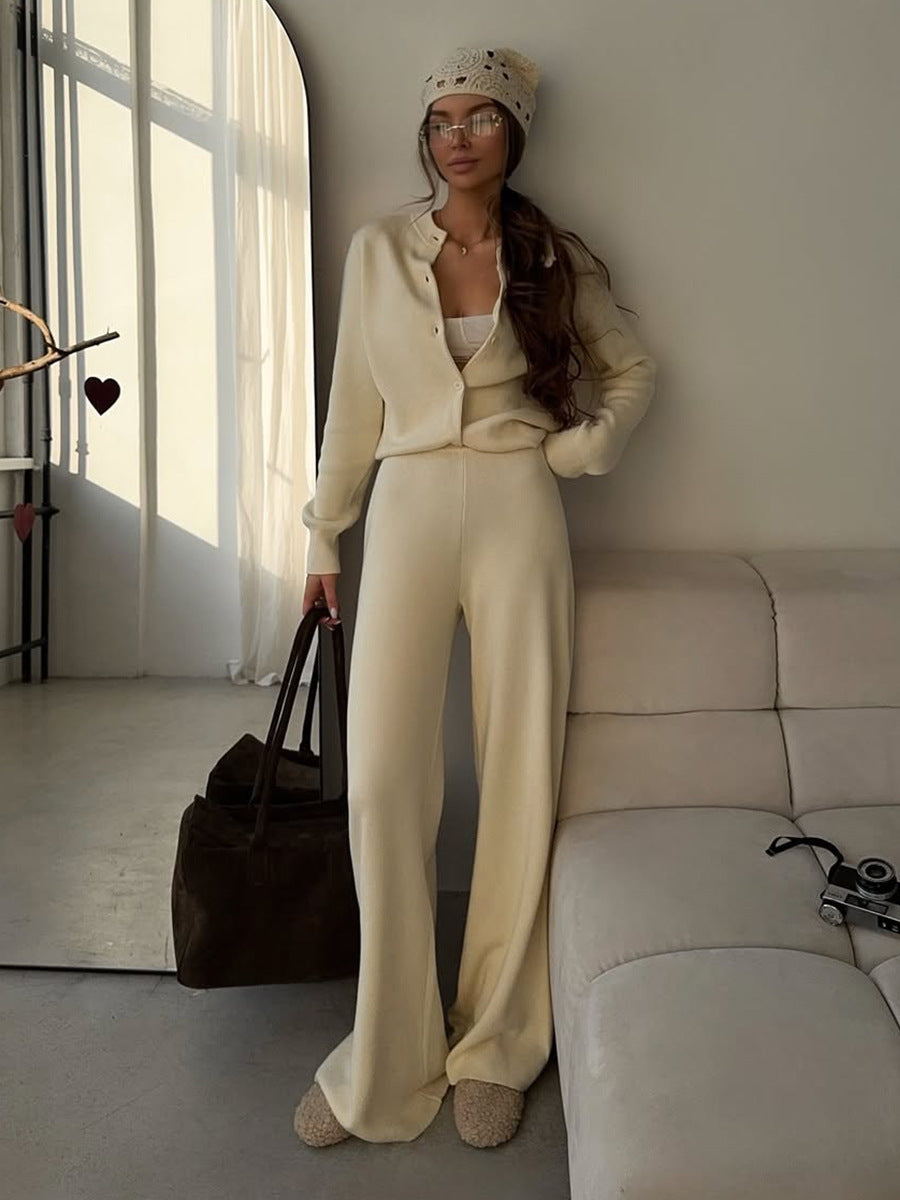 Casual Knit Cardigan Set with Long Pants