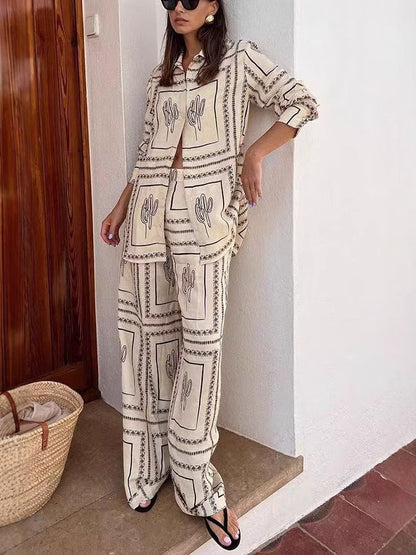 Trendy Floral Linen Cardigan Set With Pants