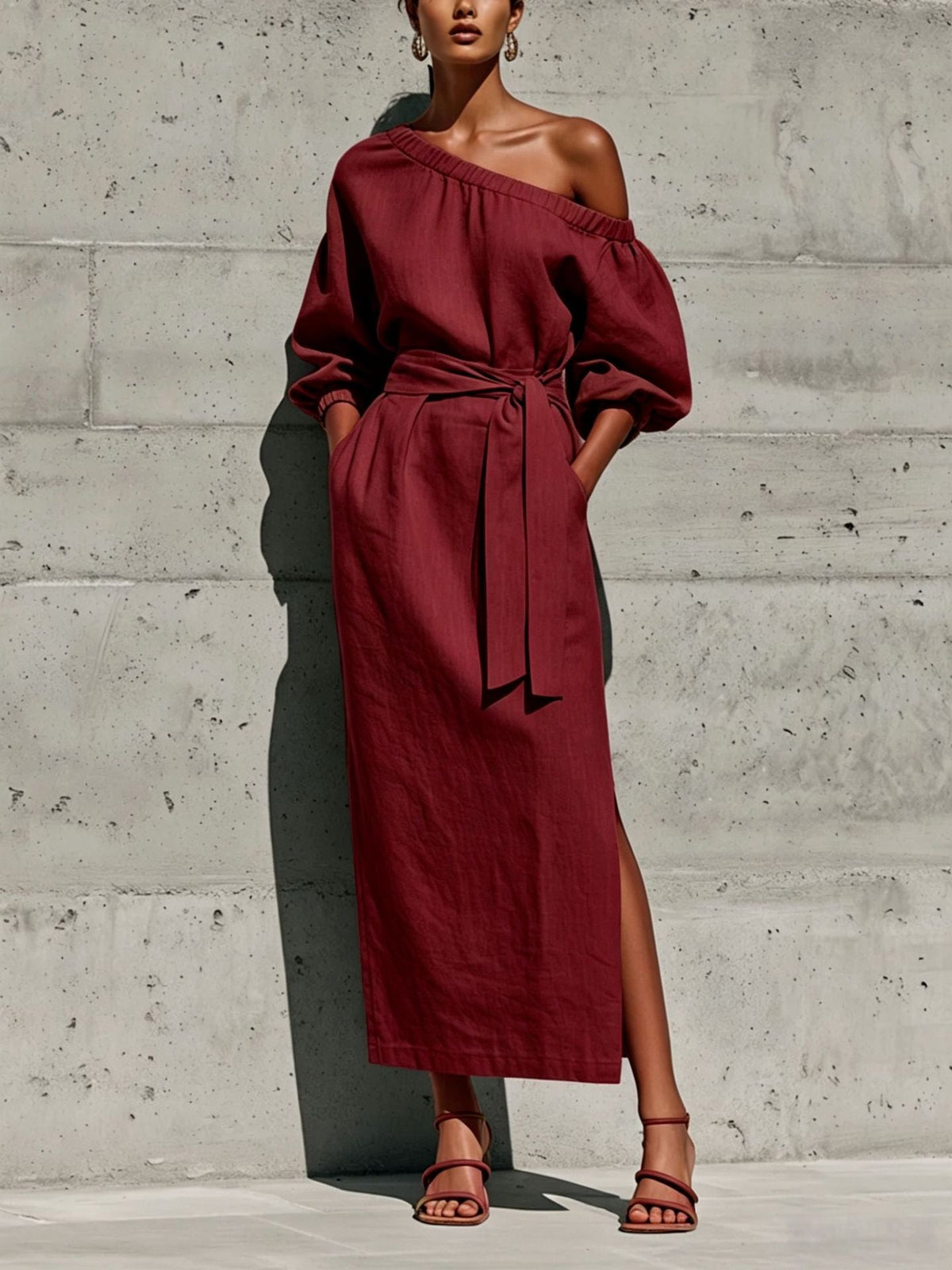Linen One Shoulder Puff Sleeve Tie Waist Side Slit Midi Dress
