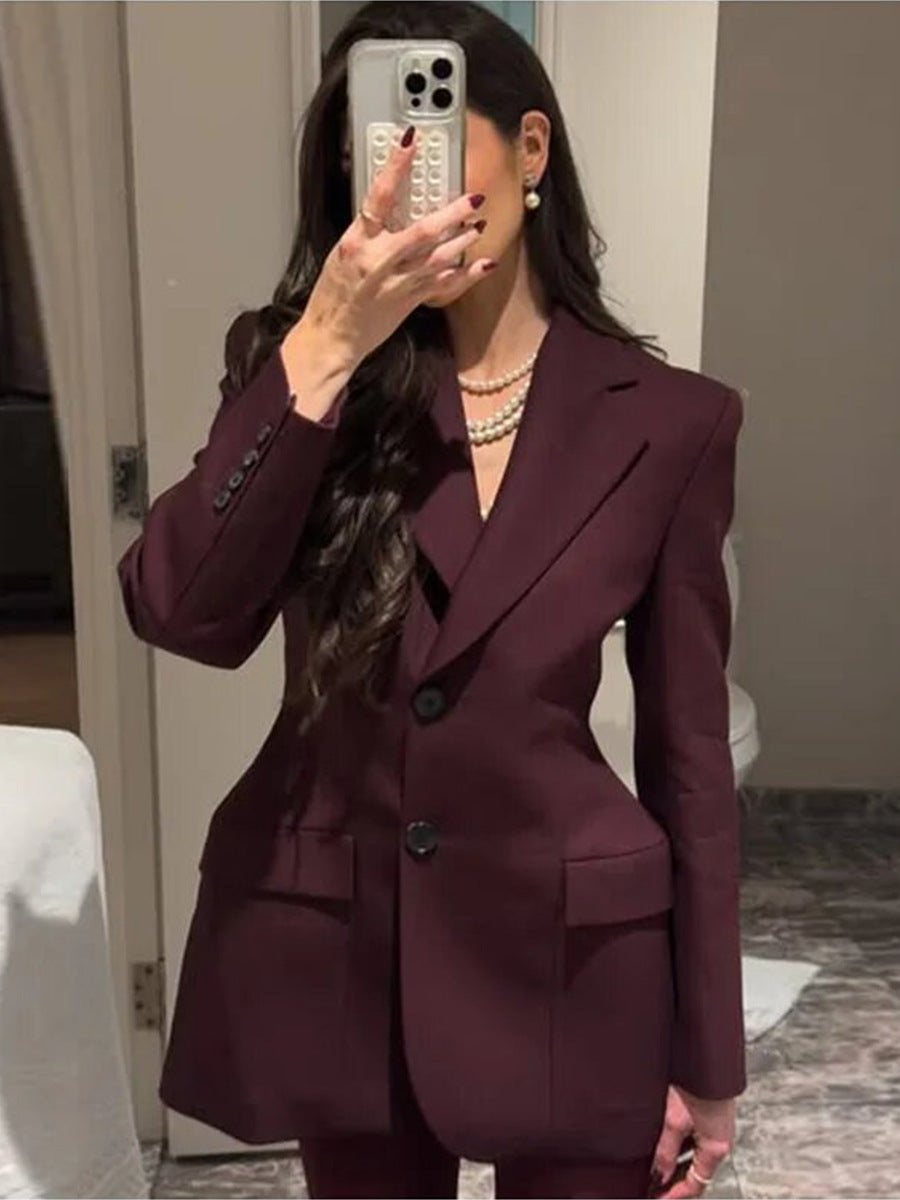 Tailored Women's Blazer with V-Neck and Waist-Cinching Design