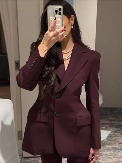 Tailored Women's Blazer with V-Neck and Waist-Cinching Design