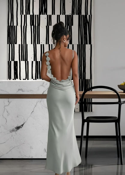Satin Evening Gown With Cowl Neck And Floral Appliqué