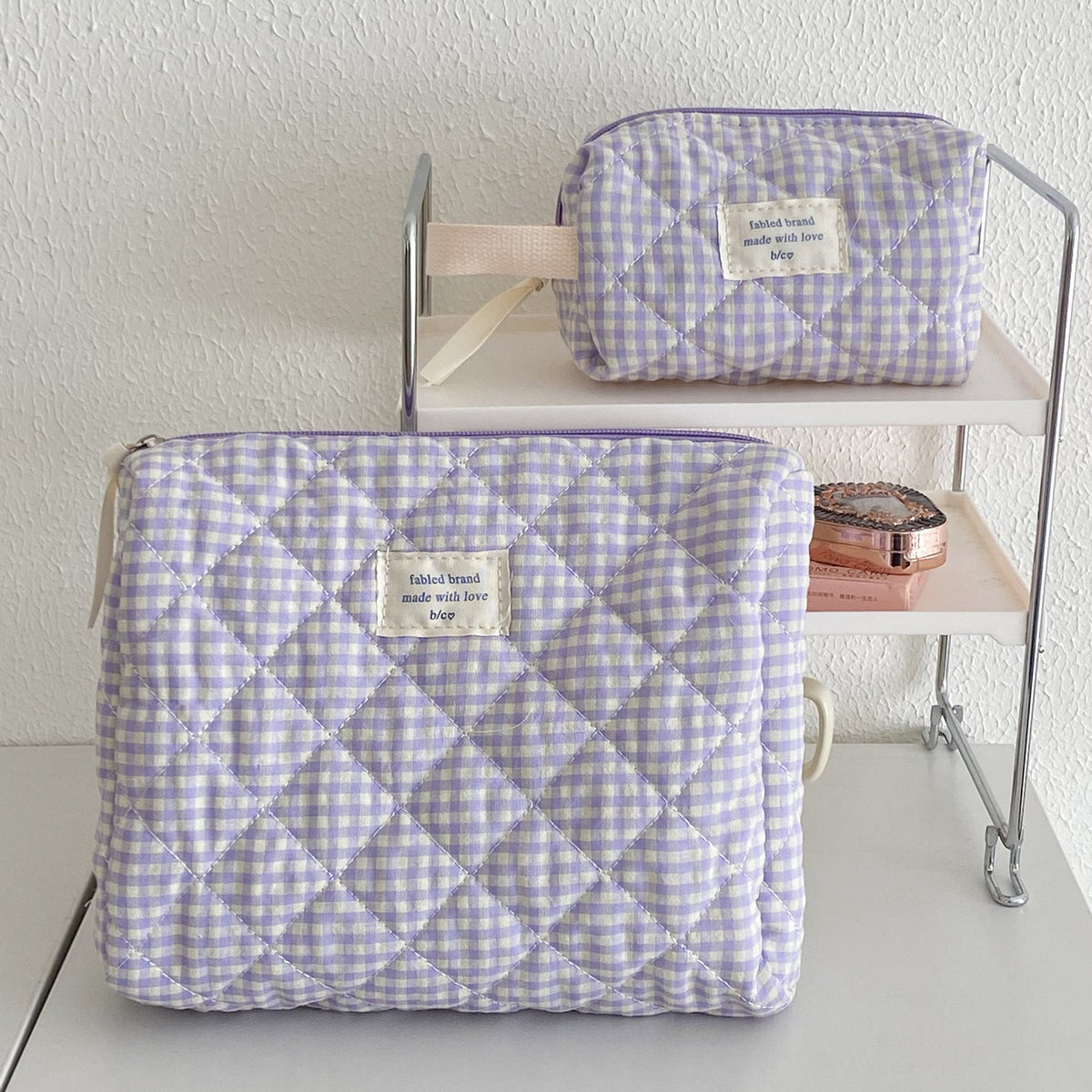 Berry Check Quilted Makeup Bag Large Capacity Cotton Cosmetic Organizer