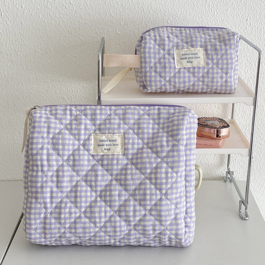 Berry Check Quilted Makeup Bag Large Capacity Cotton Cosmetic Organizer