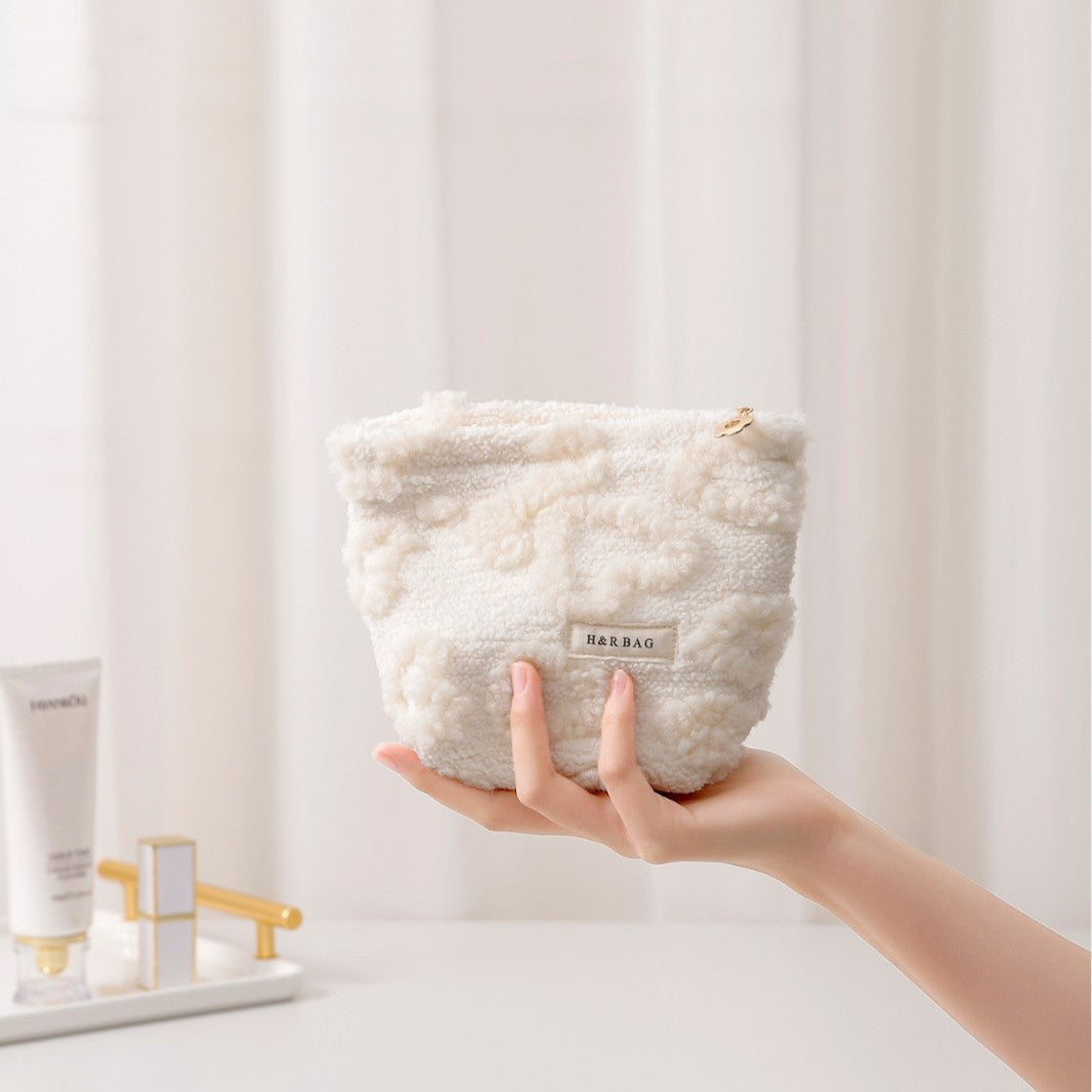 White Plushed Love Jacquard Make Up Bag
